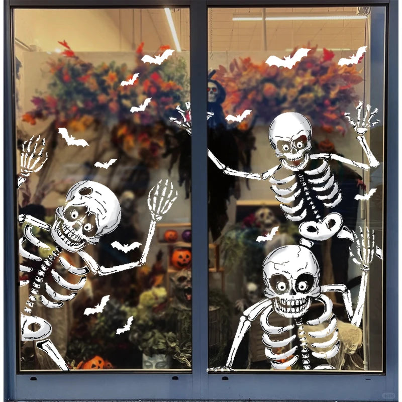4Pcs Halloween Large Skeleton Wall Stickers Human Skull Bones Bat Window Stickers Halloween Party Scary Home Room Decal Decors