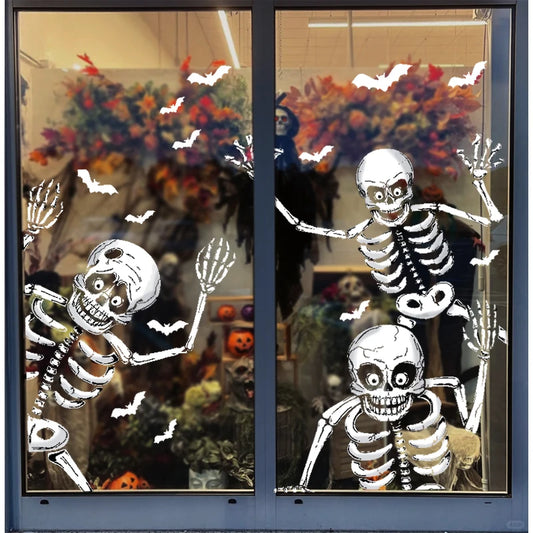 4Pcs Halloween Large Skeleton Wall Stickers Human Skull Bones Bat Window Stickers Halloween Party Scary Home Room Decal Decors