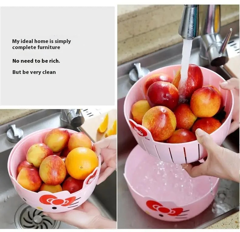 Hello Kitty Fruit Tray Vegetable Basket  Household Use Double Kitchen Storage Basketful Convenient Fruit Dish Kitchen Supplies