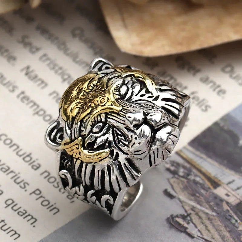 925 Silver Vintage Handsome Golded Tiger Head Mens Rings Hip Hop Style Domineering Ring Suitable for Daily Jewelry Wearing