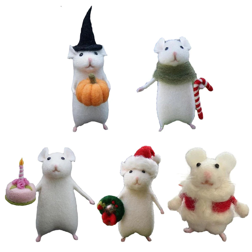 Halloween Handmade Wool Needle Felt Mouse Toy Set Desktop Decoration Creative Mini Little White Mouse Holding Pumpkin Cloth Doll