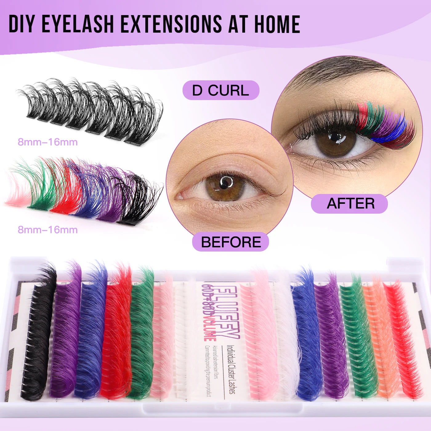 8 Colors Eyelash Extensions colorful 60D 80D Fluffy False Eyelashes Colour natural long cluster russian fanning lashes makeup