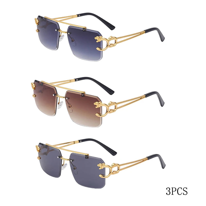 Fashion Metal Leopard Rimless Sunglasses Double Bridges Gradient Ocean Film Shades UV400