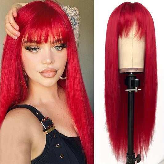 MSTN Synthetic With Bangs Long Straight Red Women's Use Heat Resistant Halloween Cosplay Use Wigs Daily Use