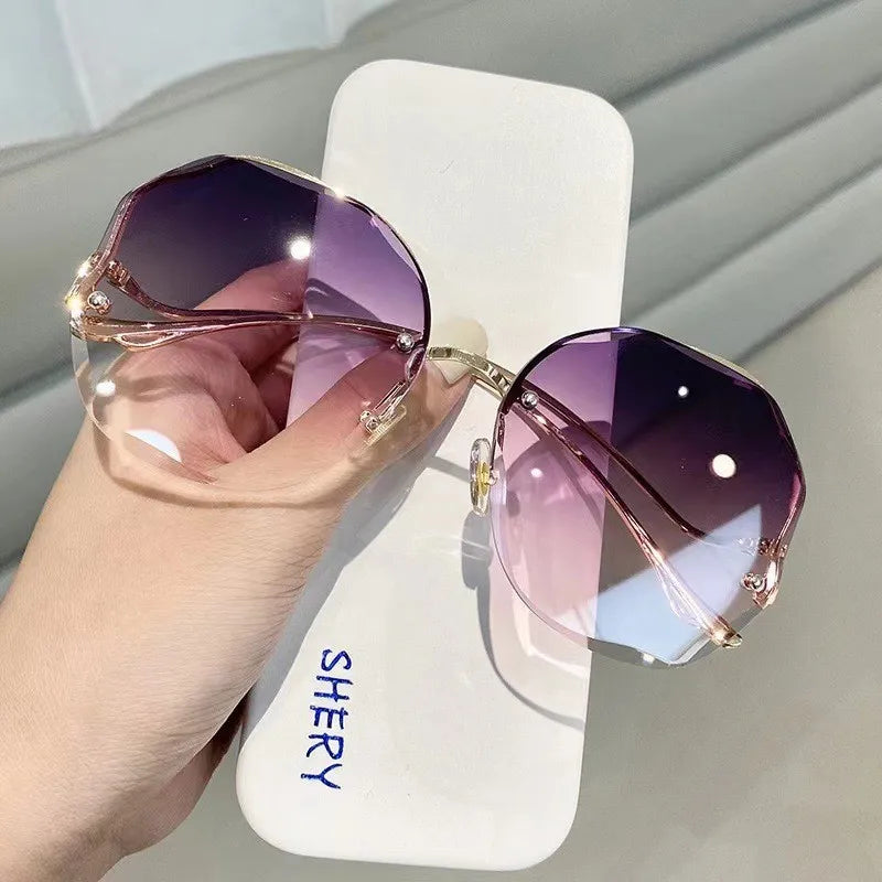 Irregular Round Sunglases Women Brand Designer Gradient Fashion Sun Glasses Female Rimless Metal Curved Temples Oculos De Sol