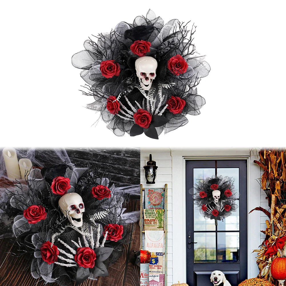 Halloween Wreath Scary Red Rose Wreath Halloween Skeleton Wreath for Haunted Mansion Halloween and Party Supplies
