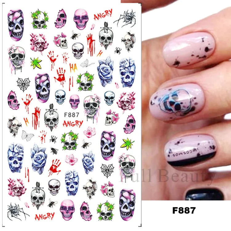 Nail Stickers Halloween Series Bat Skull Bone Ghost Pumpkin Pattern 3D Self Adhesive Decals For Nails Manicure Decoration LATH