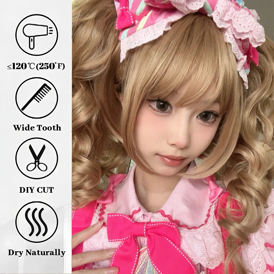 Synthetic Short Lolita Cosplay Christmas Halloween Bob Brown Blonde LM Wig With Long Curly Ponytail Natural Fake Hair for Women