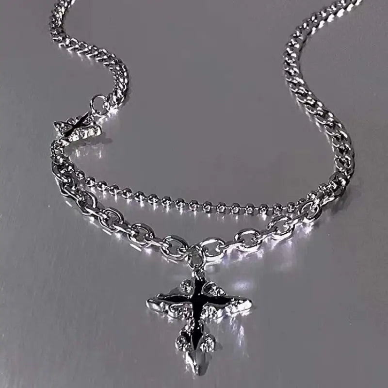 Hiphop Punk Long Chain Cross Necklace for Women Men Punk Double Layer Splicing Chain Necklace Charm Trend Neck Jewelry Halloween