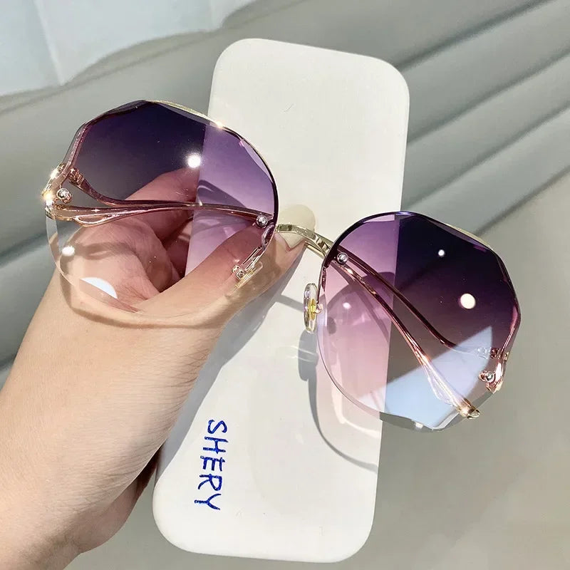 Irregular Round Sunglases Women Brand Designer Gradient Fashion Sun Glasses Female Rimless Metal Curved Temples Oculos De Sol