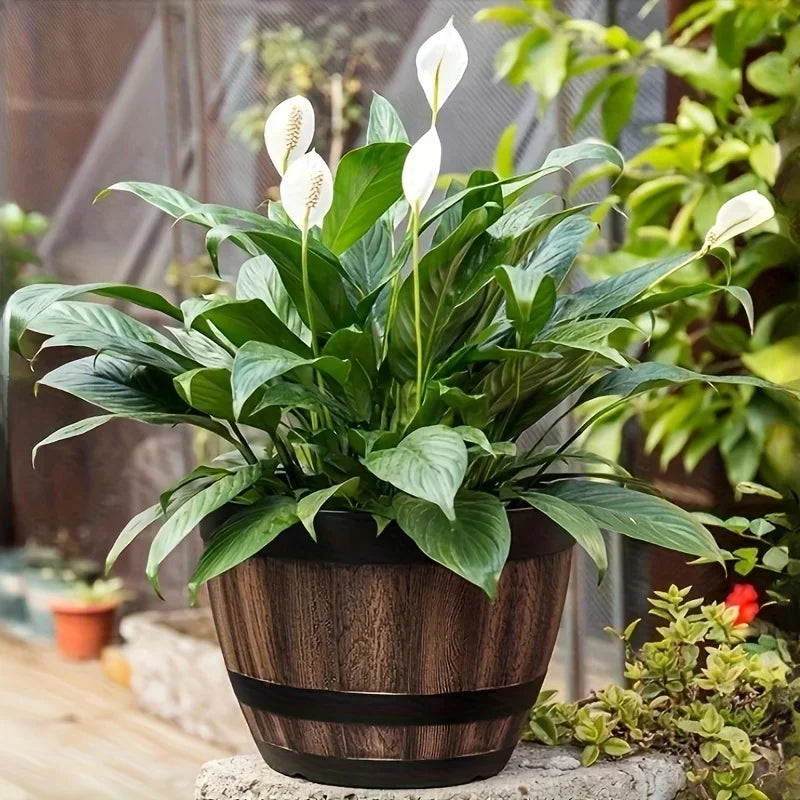 Retro whiskey barrel planter, resin striped garden flower pot with
