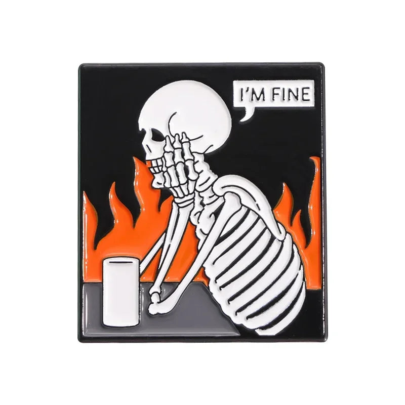 Halloween Skeleton Oil Painting Design Enamel Pins I'm Fine Anxiety Overthiking Skull Brooches Lapel Badge Punk Jewelry Gifts