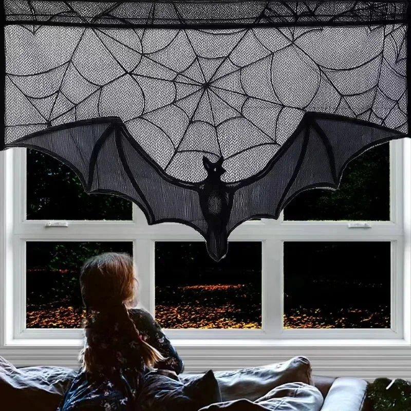Halloween Lace Curtains Black Bat Tablecloth Hearthstone Scarf Cover Family Room Spider Web Horror Decoration Party Decoration