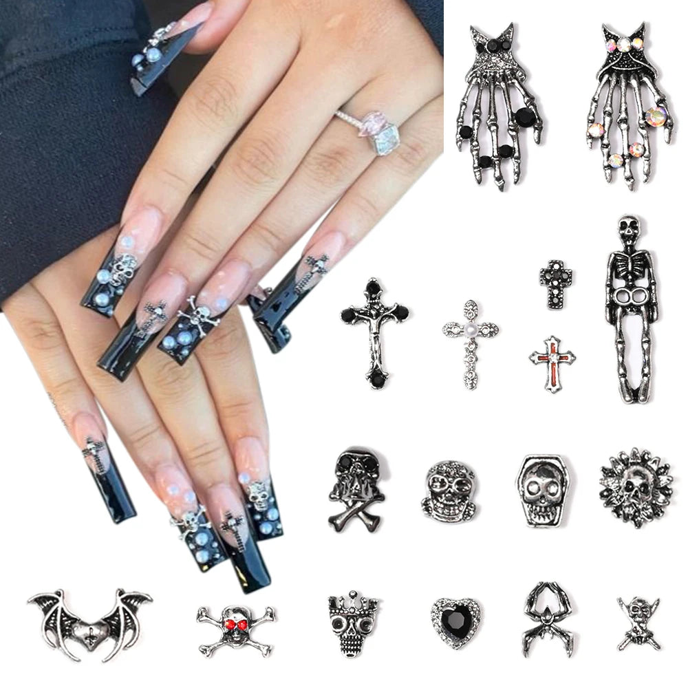 10pcs Bone Skeleton Halloween Nail Charms Scary Decoration Nail DIY 2023 Skull Cross Halloween Metal Nail Art Parts Gems