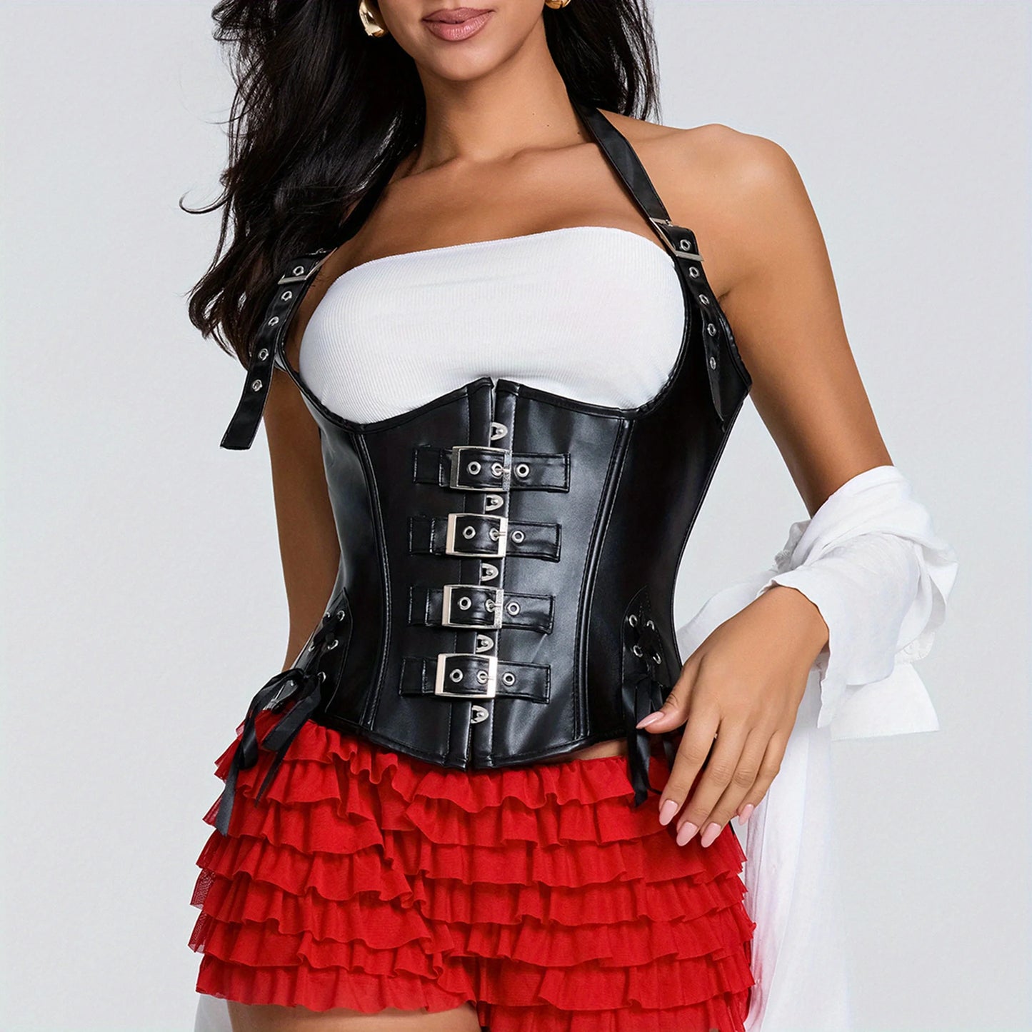 PU Leather Corset Sexy Steampunk Corset Top Halter Corselet Shapewear Women Tummy Control Bustier Lace Up Halloween Costume