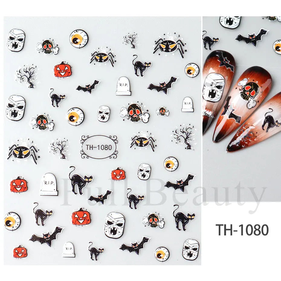Nail Stickers Halloween Series Bat Skull Bone Ghost Pumpkin Pattern 3D Self Adhesive Decals For Nails Manicure Decoration LATH