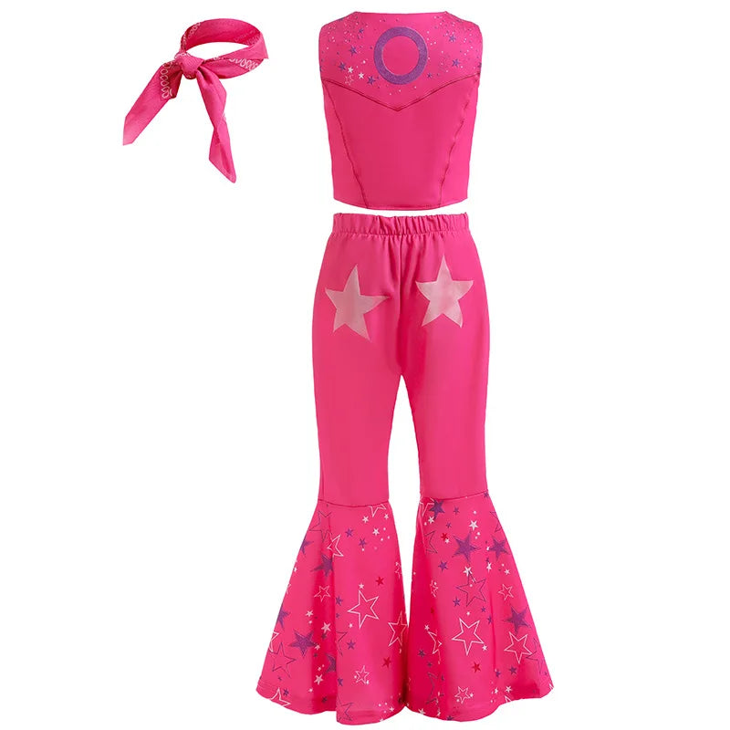 2PCS Pink Top+Trousers Suit with Hat Bag 2025 Girls Margot Robbie Barbi Dress Kids Carnival Halloween Cospaly Clothes Ball Gown