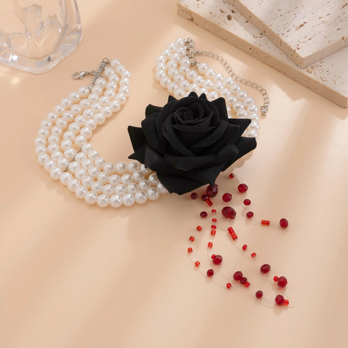 Ingemark Multilayer Imitation Pearl Rose Flower Clavicle Chain Necklace Women Goth Red Crystal Pendant Choker Halloween Jewelry