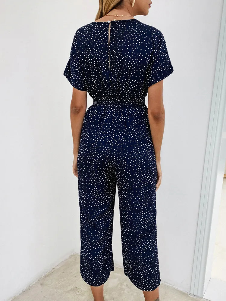 Lossky Women Jumpsuits Rompers Summer Casual Print V-neck Pocket Overalls Jumpsuit Short Sleeve Wide Leg Loose Jumpsuit