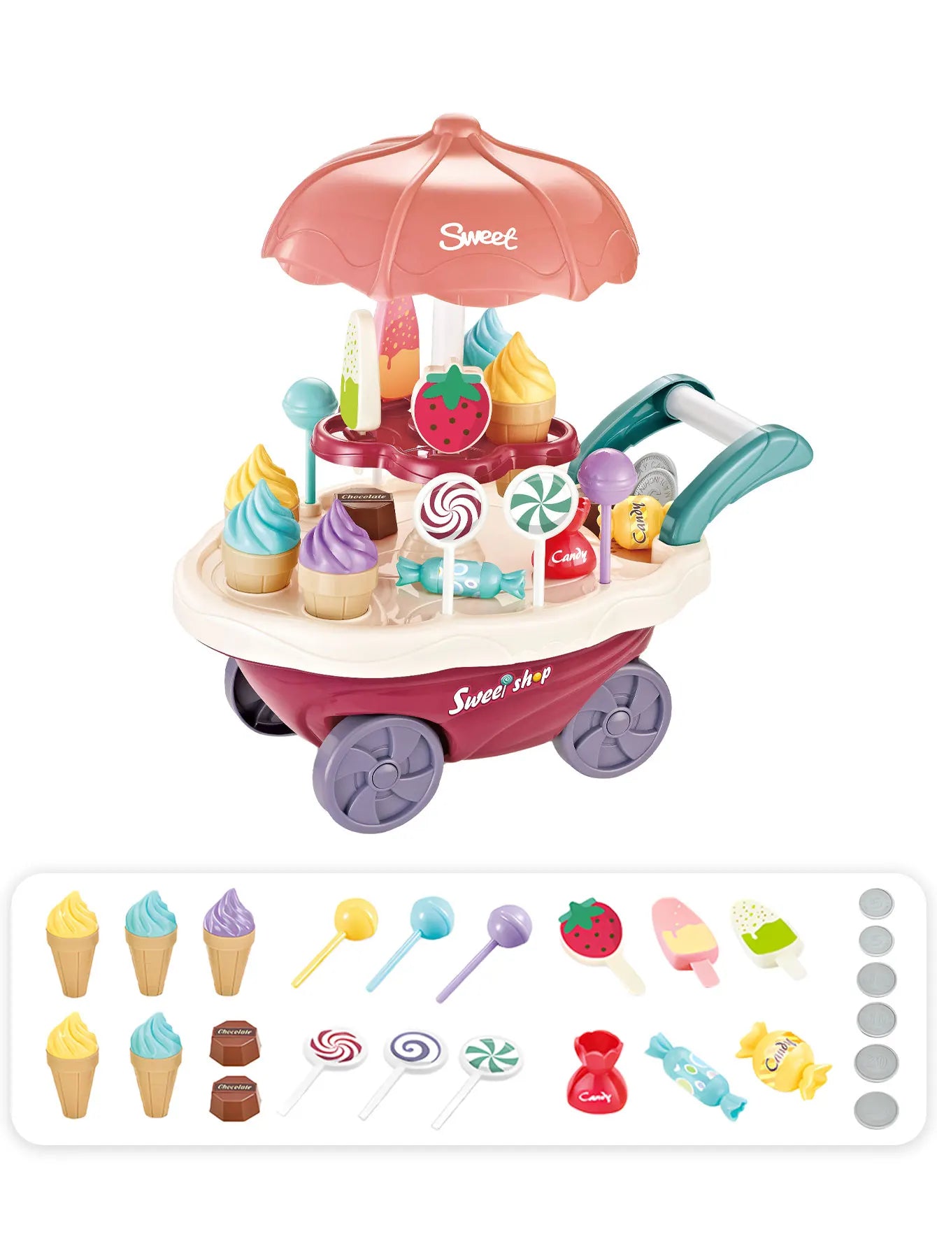 Family Play Children's Toys - Light and Music Mini Candy Dessert Cart with Storage Feature Toy Set