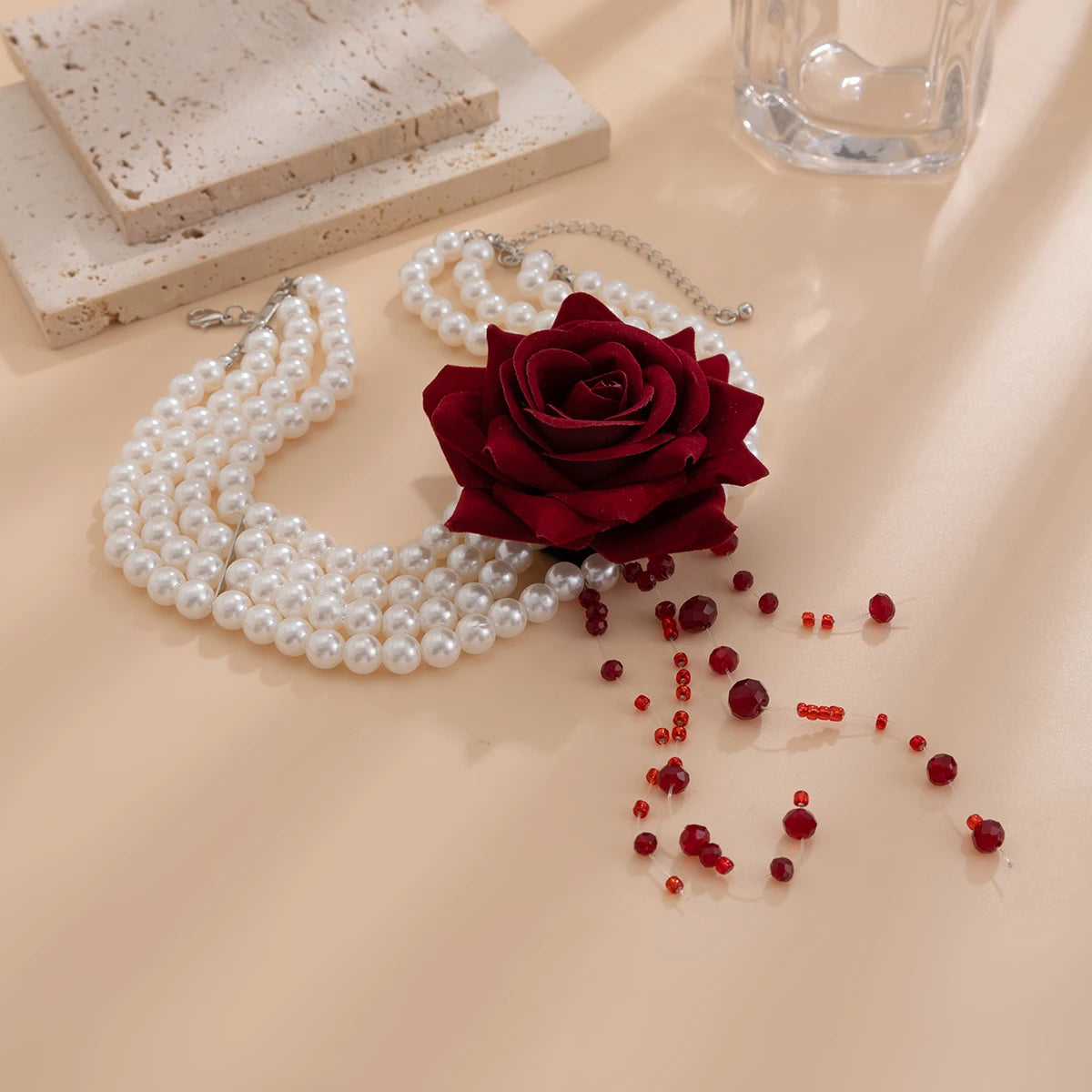 Ingemark Multilayer Imitation Pearl Rose Flower Clavicle Chain Necklace Women Goth Red Crystal Pendant Choker Halloween Jewelry