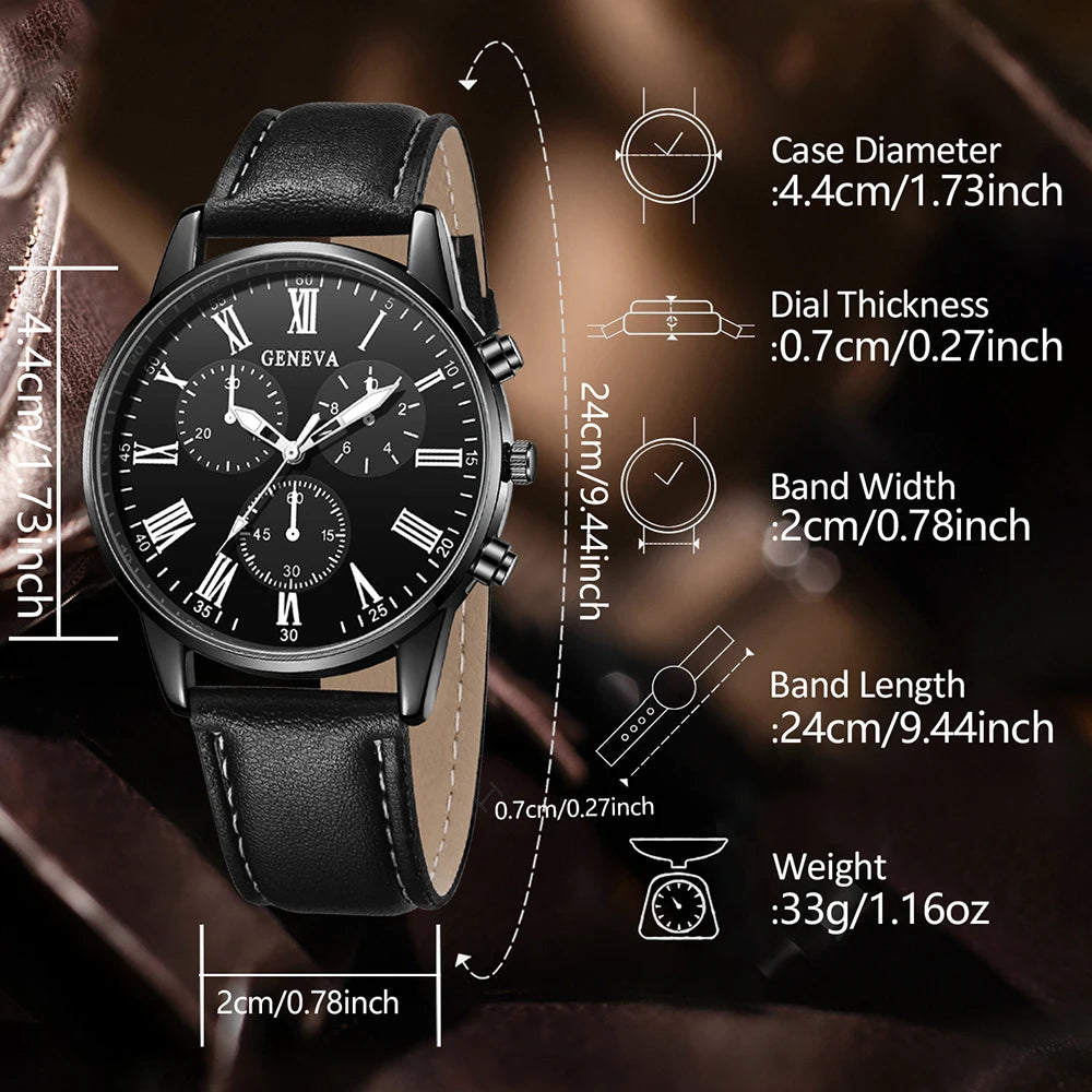 4PCS Black Men's Watch Set Business Trend Versatile Roman Digital Scale Quartz Watch Bracelet Necklace Ring Set Perfect Gift Set