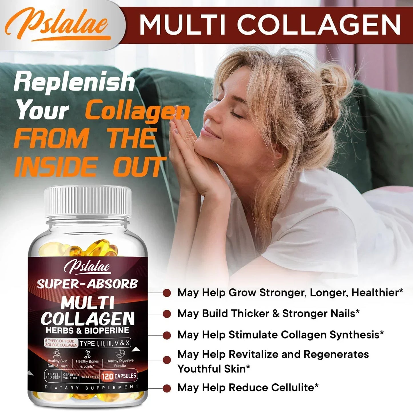 Multi Collagen Pills Organic Herbs and Piperine - Collagen Capsules with Herbs and Piperine (Type I II III V X)