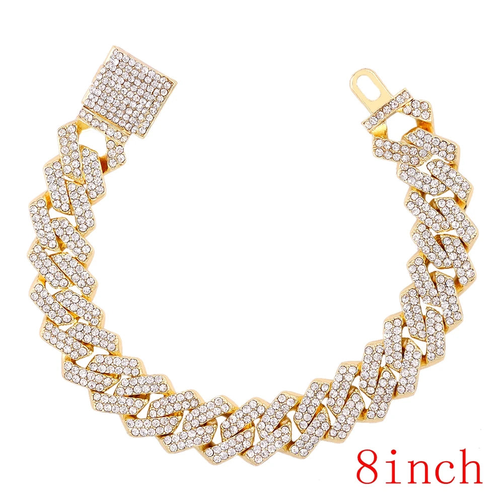 14MM Miami Prong Cuban Link Chain Necklace for Women Gold Silver Color Luxury 2 Row Rhinestones Cuban Choker Iced Out Jewelry