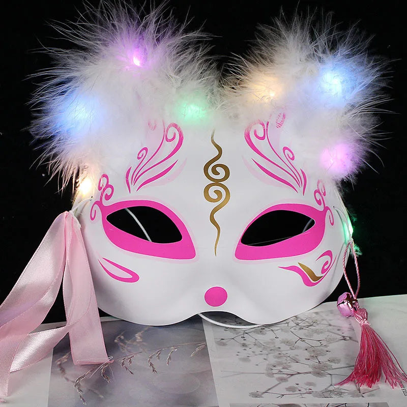 Luminous Led Mask Japanese Foxes Mask Rave Costume Anime Half Face Cat Masks Masquerade Festival Halloween Party Cosplay Props