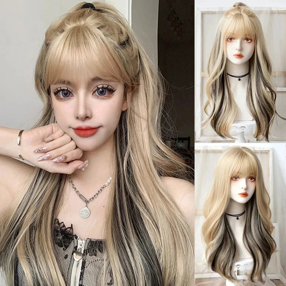 Synthetic Short Lolita Cosplay Christmas Halloween Bob Brown Blonde LM Wig With Long Curly Ponytail Natural Fake Hair for Women
