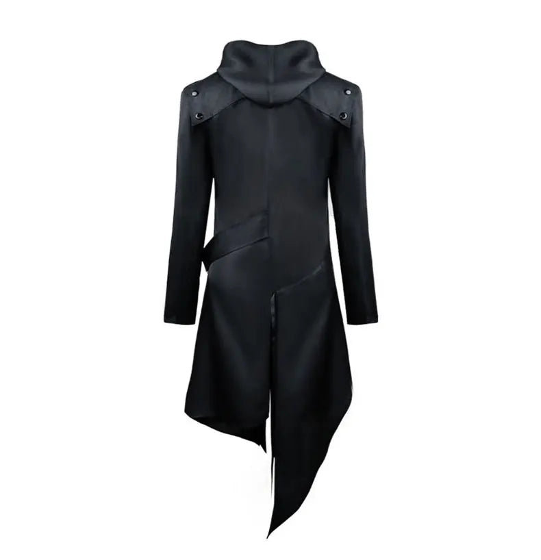 Men Gothic Steampunk Jacket Halloween Tailcoat Cosplay Hooded Assassin Costume Medieval Viking Warrior Zipper Black Coat 5XL