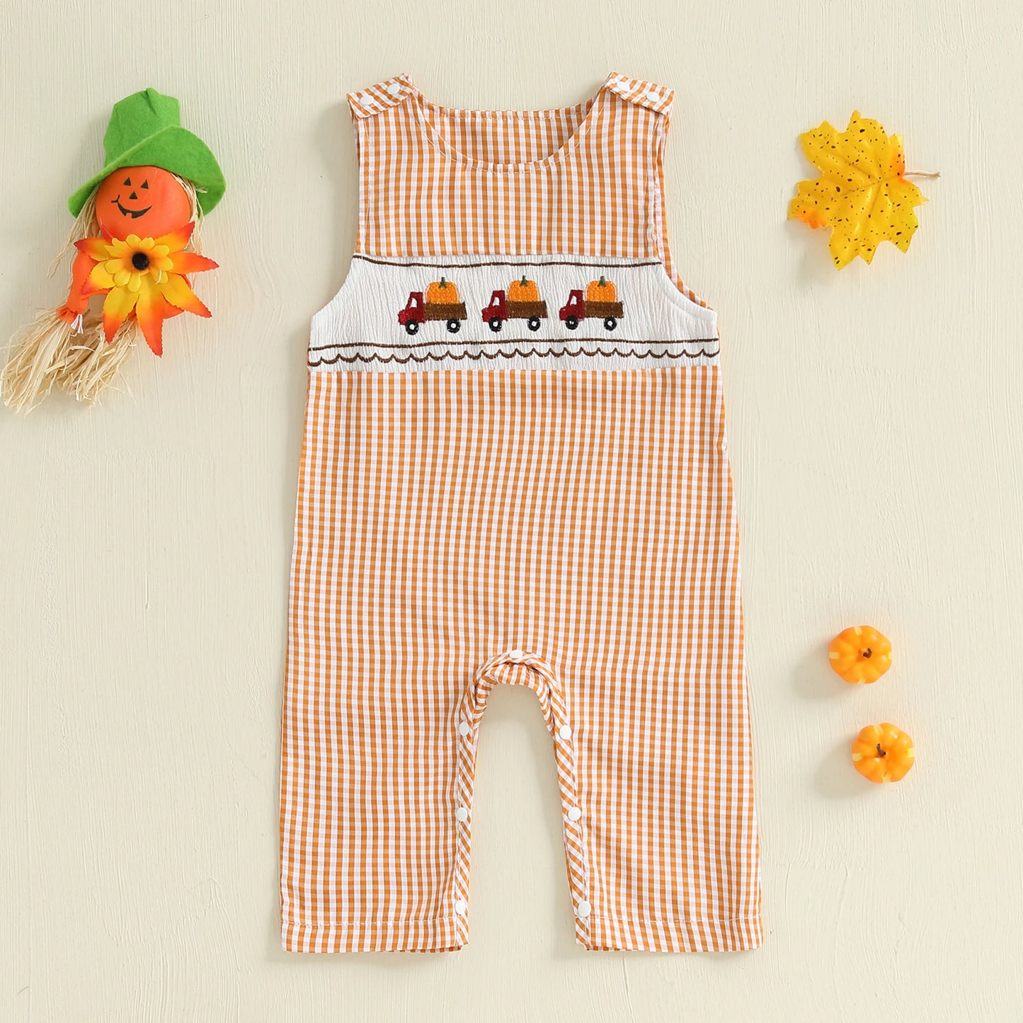 Infant Halloween Costume Sleeveless Round Neck Pumpkin Embroidery Bodysuit Toddler Outfit for Fall Festivities