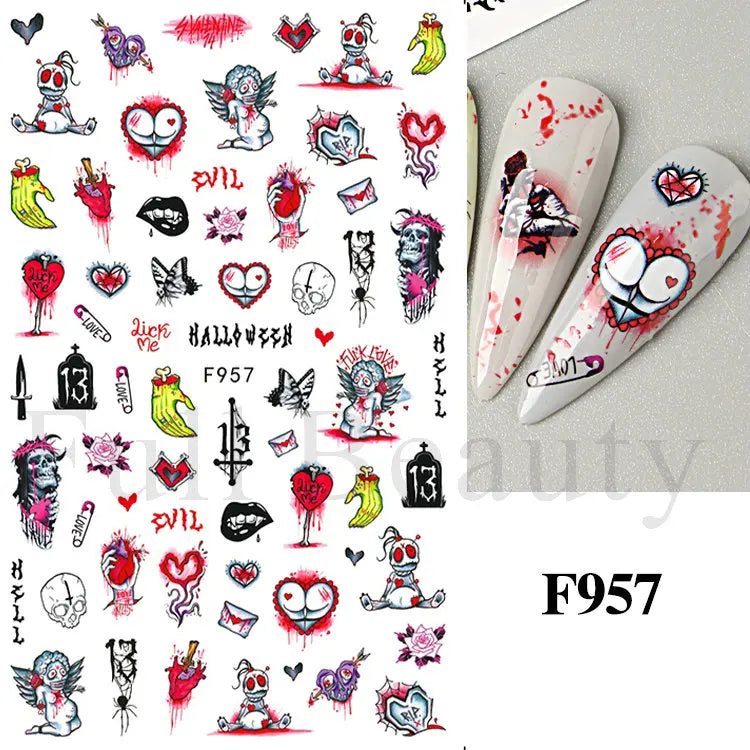 Nail Stickers Halloween Series Bat Skull Bone Ghost Pumpkin Pattern 3D Self Adhesive Decals For Nails Manicure Decoration LATH