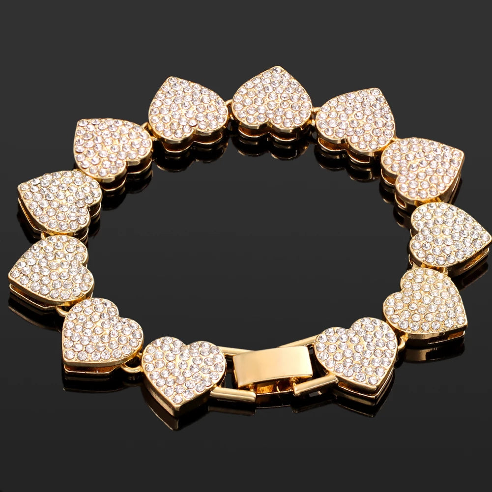 4Pcs Iced Out Chain Cuban Bracelet for Women Men Hip Hop Gold Silver Color Full Rhinestone Heart Circle Square Bracelet Jewelry