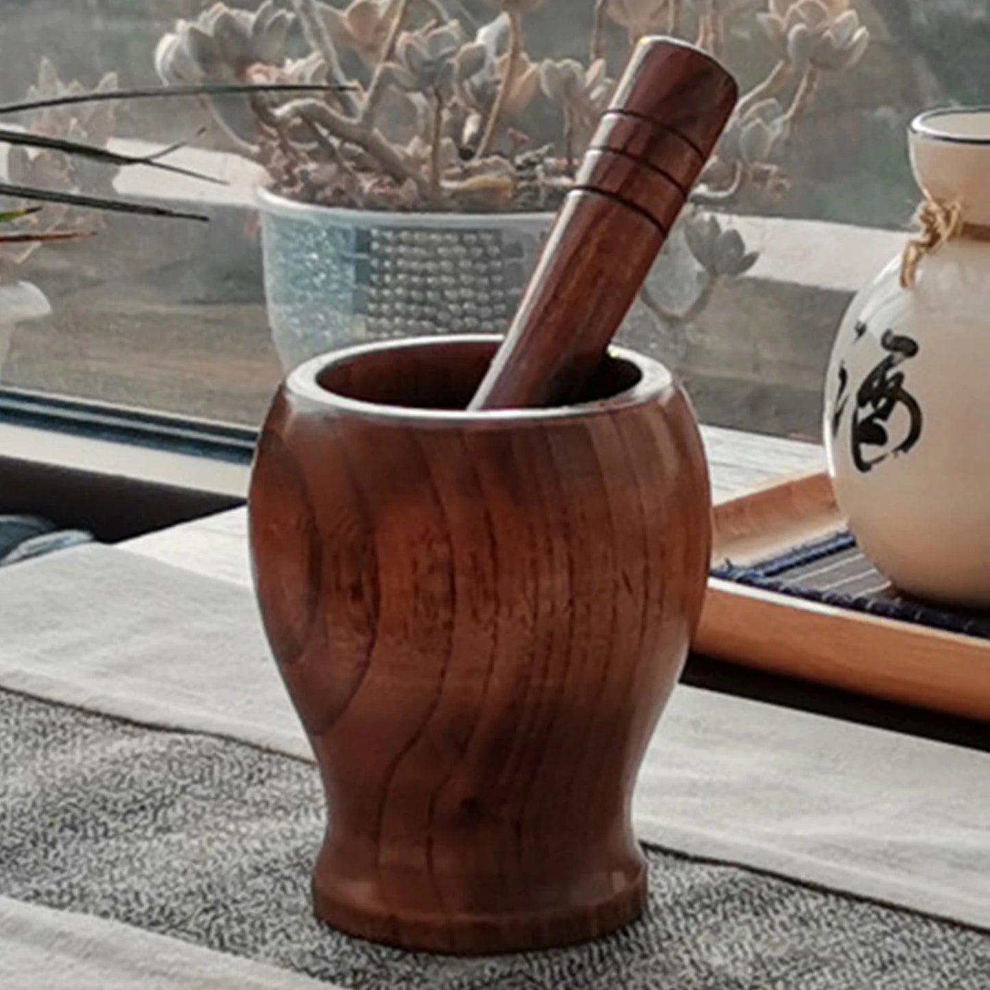 Wood Mortar and Pestle Garlic Press Ginger Crusher Spices Grinding Set for Grinding Crushing Herbs