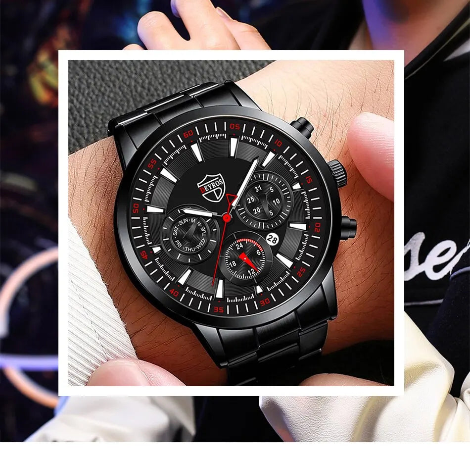 Fashion Men's Watches Business Stainless Steel Quartz Wrist Watch Male Casual Date Luminous Leather Bracelet Clock