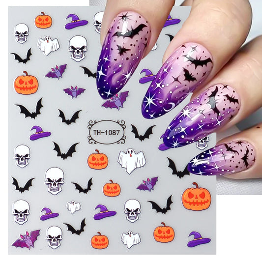 Nail Stickers Halloween Series Bat Skull Bone Ghost Pumpkin Pattern 3D Self Adhesive Decals For Nails Manicure Decoration LATH