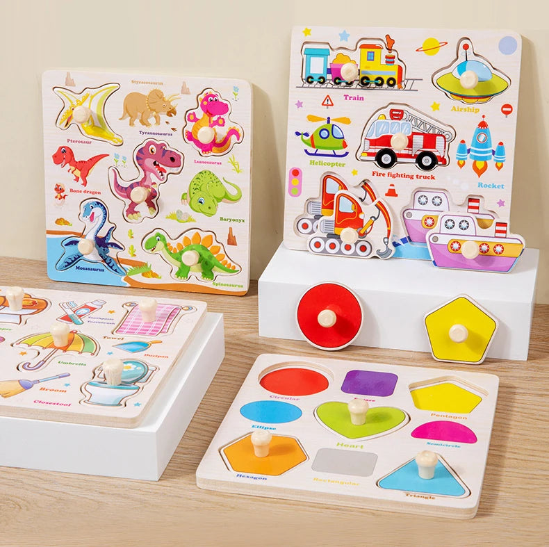 Wooden Puzzle Montessori Toys for Kids Cartoon Animal Traffic Hand Grab Boards Early Learning Educational Toys for Children