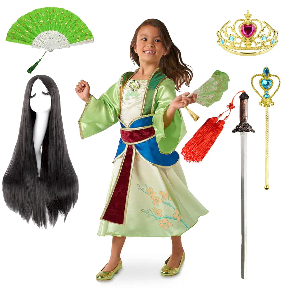 Halloween Girls Mulan Dress Children Fancy Fairy Princess Dress Up Chinese Style Christmas Vintage Green Floral Dresses Hanfu