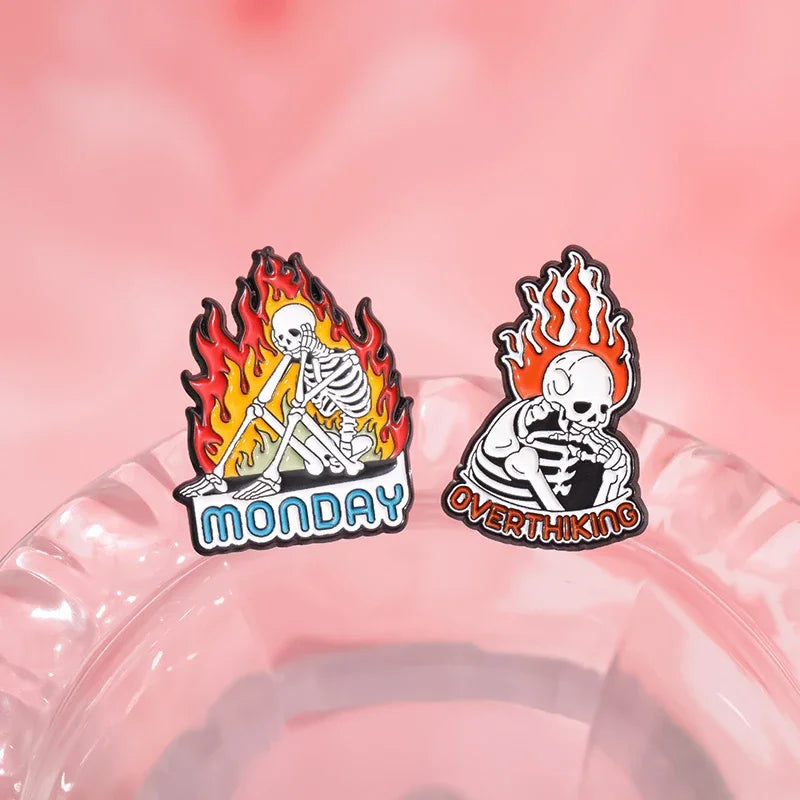 Halloween Skeleton Oil Painting Design Enamel Pins I'm Fine Anxiety Overthiking Skull Brooches Lapel Badge Punk Jewelry Gifts