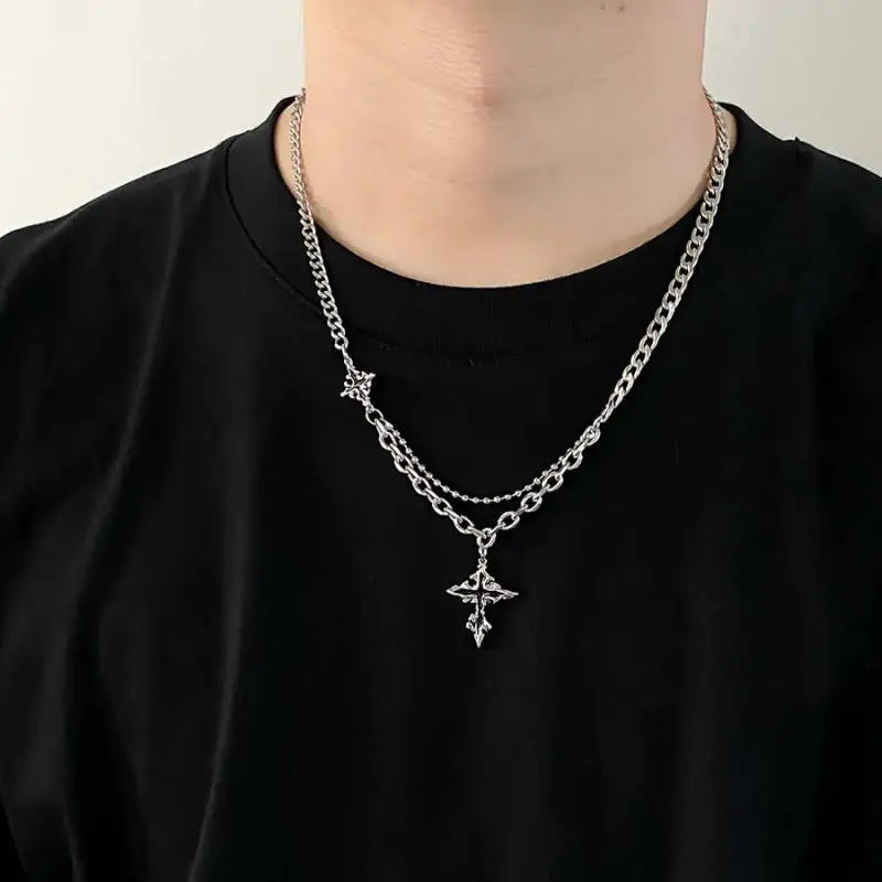 Hiphop Punk Long Chain Cross Necklace for Women Men Punk Double Layer Splicing Chain Necklace Charm Trend Neck Jewelry Halloween
