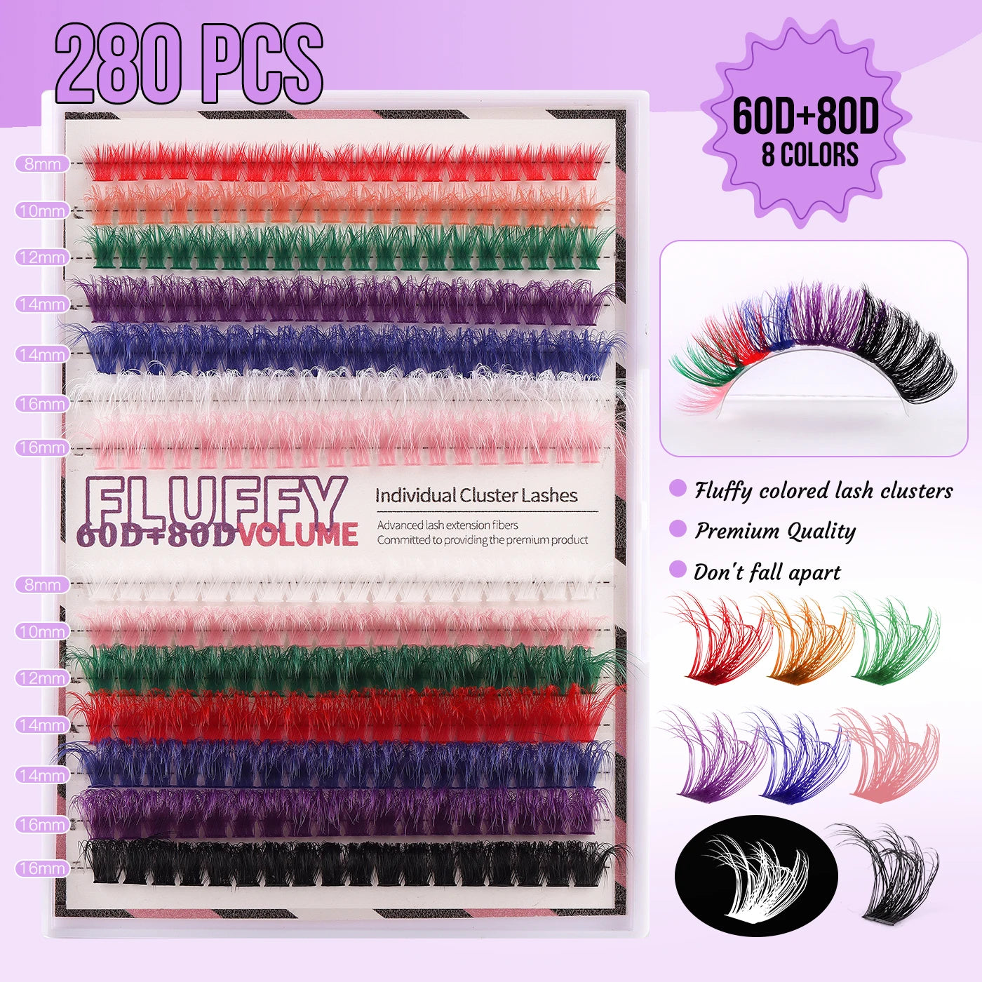 8 Colors Eyelash Extensions colorful 60D 80D Fluffy False Eyelashes Colour natural long cluster russian fanning lashes makeup