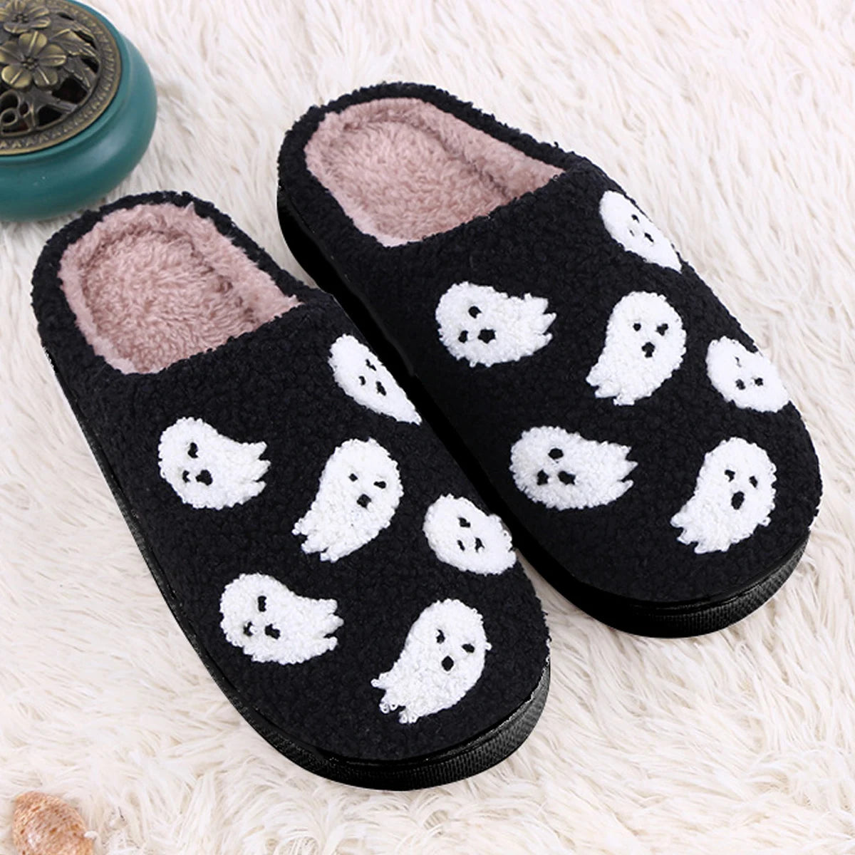 Halloween Funny Casual Fluffy Slippers Women House Flats Skull Cartoon Couple Winter Shoes Girls Fashion Footwear Large Size