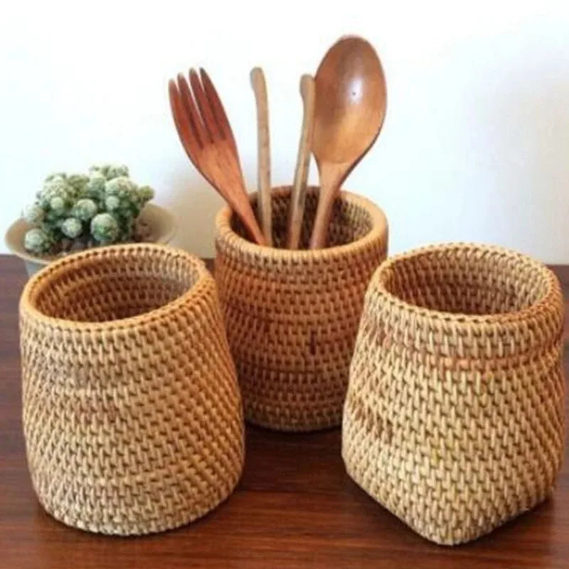 Household Rattan Organizer Chopsticks Shovel Spoons Dinner Knives Forks Tableware Storage Box Storage Baskets