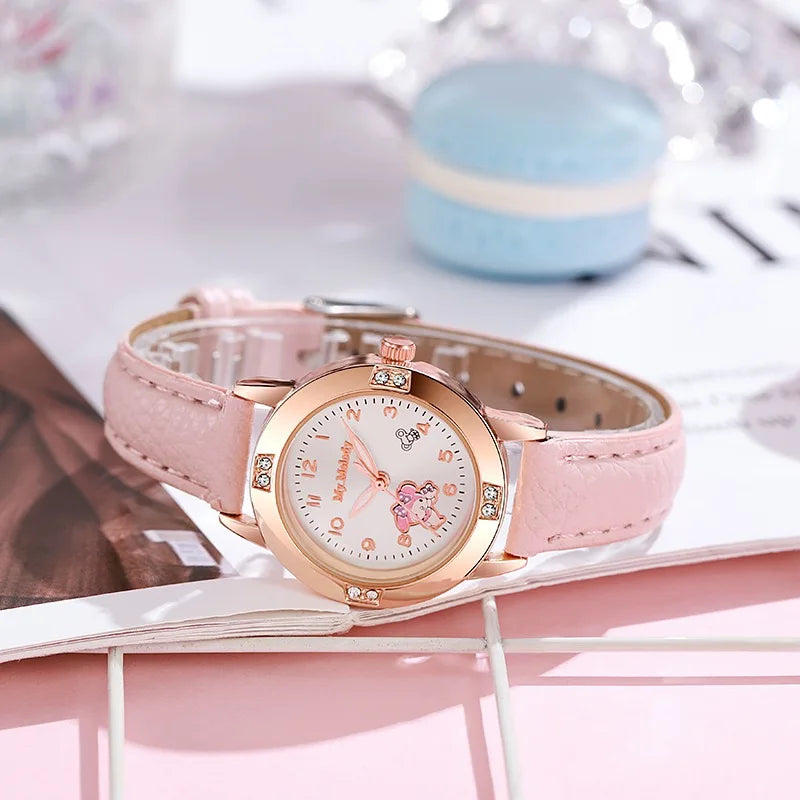 Sanrio Hello Kitty Watches Cinnamoroll Kuromi My Melody Cute Cartoon Rose Gold with Diamond Belt Watch Women's Quartz Watch