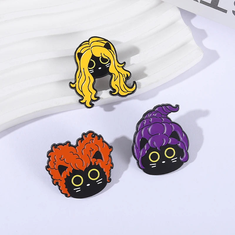 Funny Witch Black Cat Enamel Pins Family Comedy Film Movies Witch Sisters Brooch Lapel Badge Halloween Jewelry Gifts for Friends