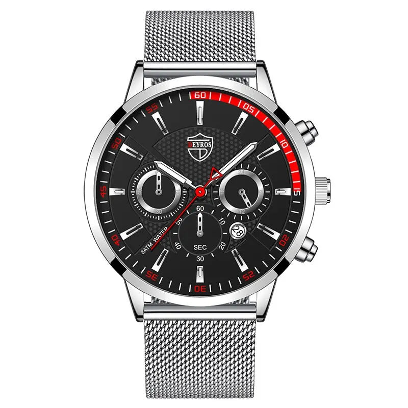 Mens Fashion Sports Watches Men Business Casual Quartz Wrist Watch Luxury Silvery Mesh Belt Watch