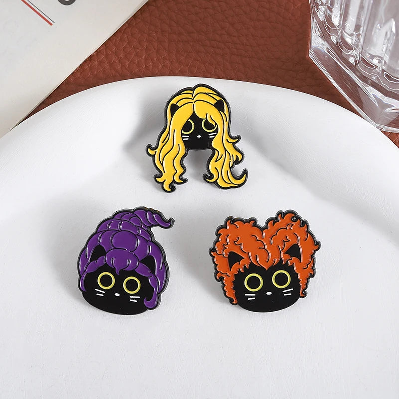 Funny Witch Black Cat Enamel Pins Family Comedy Film Movies Witch Sisters Brooch Lapel Badge Halloween Jewelry Gifts for Friends