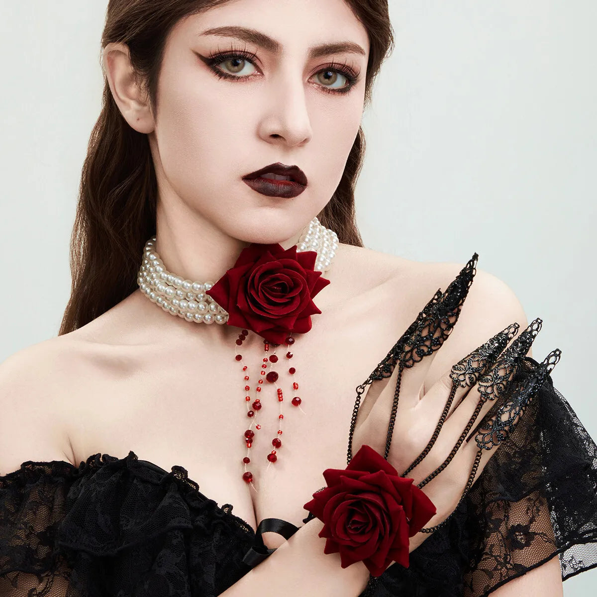Ingemark Multilayer Imitation Pearl Rose Flower Clavicle Chain Necklace Women Goth Red Crystal Pendant Choker Halloween Jewelry