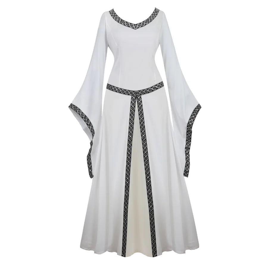 Women Medieval Renaissance Trumpet Sleeve Retro Loor Length Gown Lace Trim Irish Over Long Dress Halloween Costume Plus Size